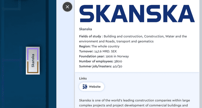 Detailed information about a company displayed in a sidebar