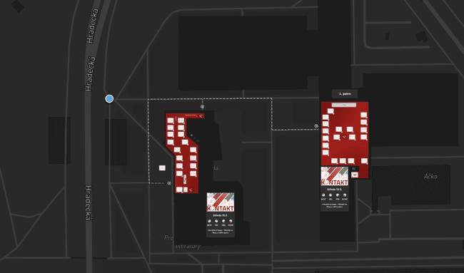 Map with multiple buildings where the current visitors location is shown for an easier wayfinding